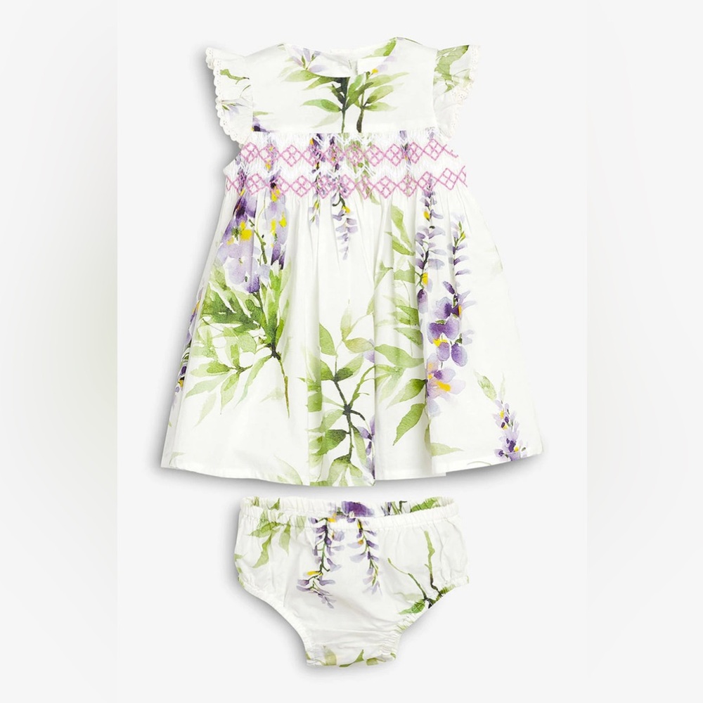 Next baby floral print smocked ruffle flutter sleeves dress with bloomers 3-6m